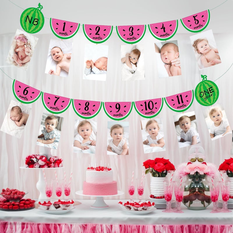 Joymee Watermelon Photo Banner 1-12 Month 1st Birthday Monthly Banner Baby Girl Photo Display Milestone Photograph Bunting Garland One In a Melon Summer Fruit Themed Party Supplies Decorations - Image 5